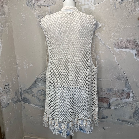 Crochet open weave cream open front sleeveless long cardigan macrame fringe - Picture 2 of 8